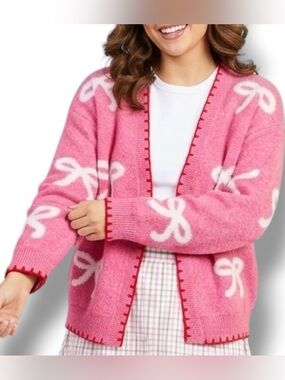 Threaded Leaf NWT Pink Plush Bow Open Front Cardigan Sweater Size